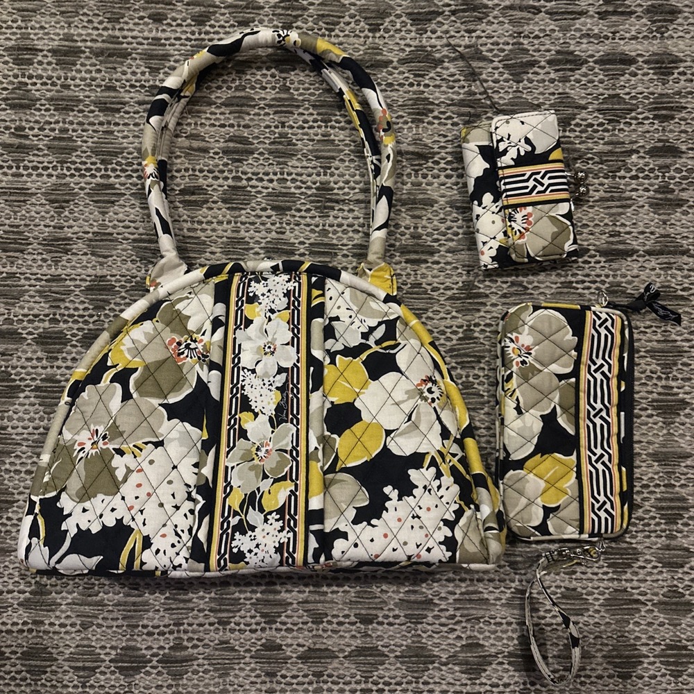 3 Pc Vera Bradley Dogwood Kisslock Bag, Tri Fold, Zip Wallet Black Gold Floral